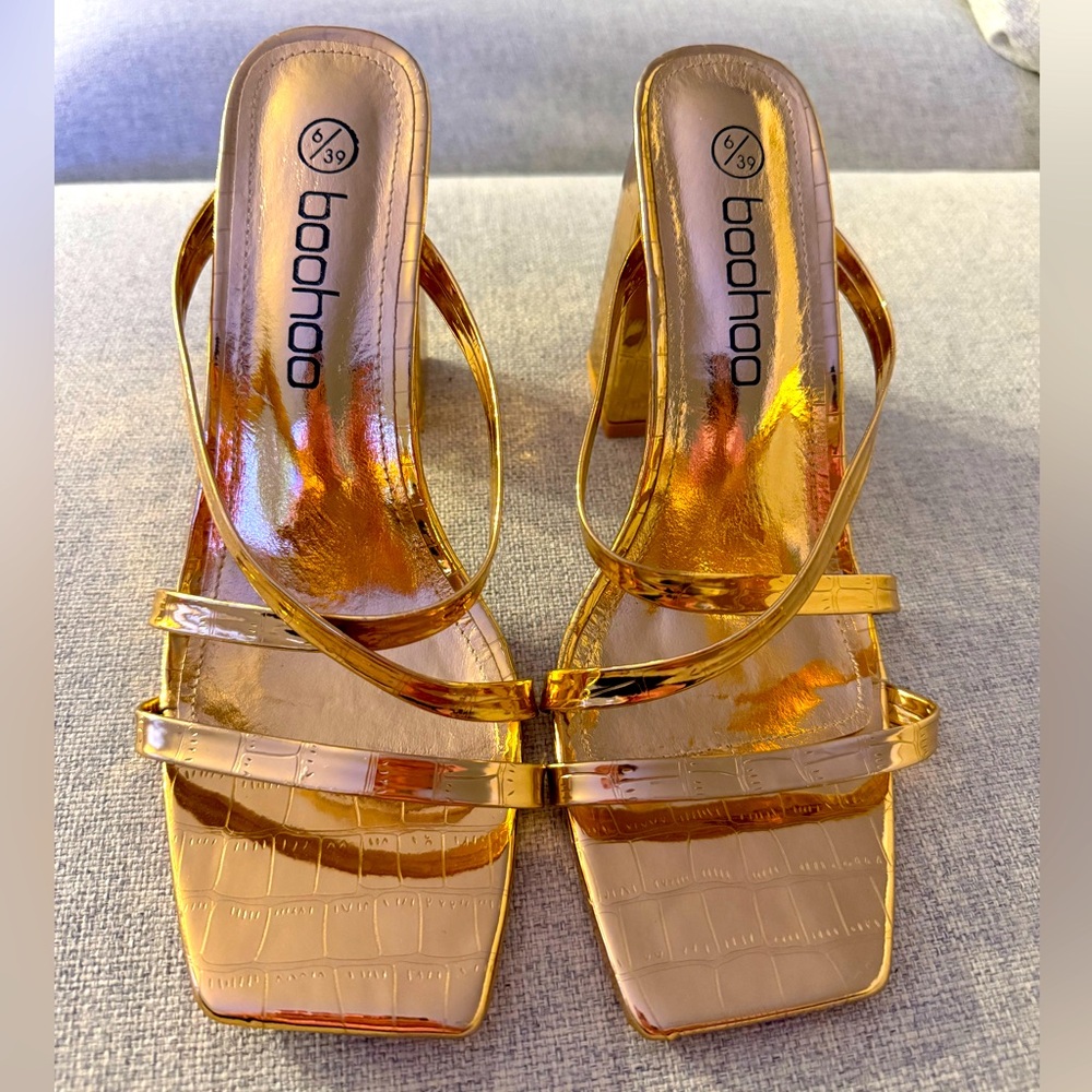 Gold Strappy Block Heel Sandals